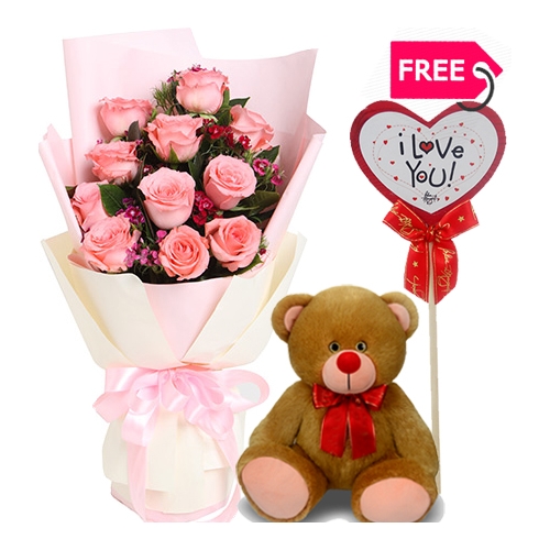 Send 12 pink roses with bear and FREE place card