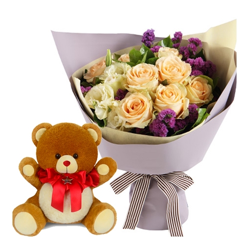 24 Peach Roses in Bouquet with Bear