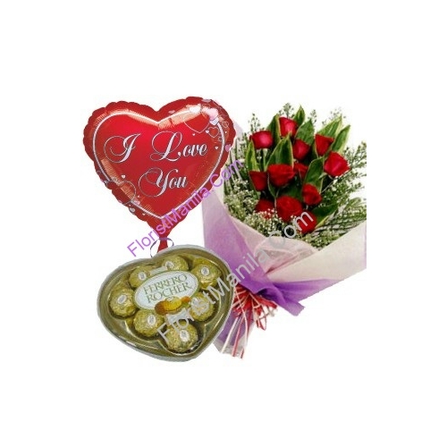 12 Red Roses with Chocolate and Balloon Delivery to Manila Philippines