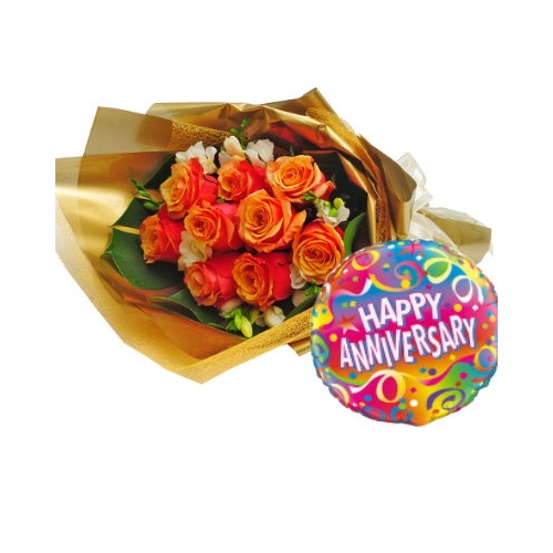 12 Orange Roses in Bouquet with happy anniversary Balloon Send to Manila Philippines