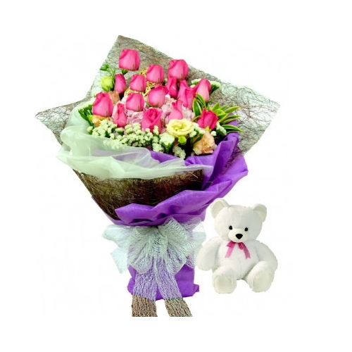 12 Bright Pink Roses with bear in Bouquet Online Delivery to Manila Philippines