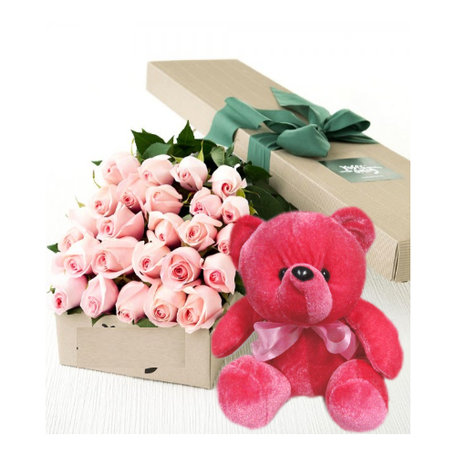 24 Pink Roses Box With Red Bear Delivery to Manila Philippines