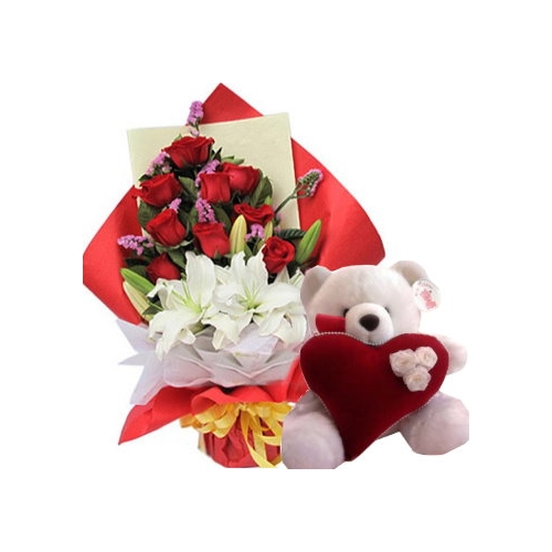 12 Red Roses,lilies with White Teddy Bear Send to Manila Philippines