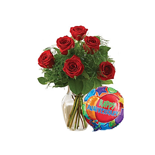 6 Red Roses in a vase with happy anniversary Balloon Send to Manila Philippines