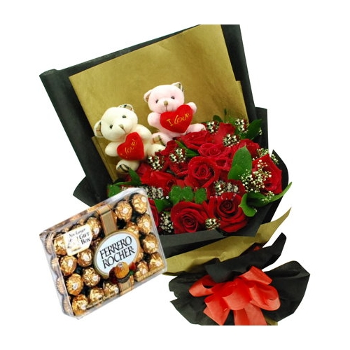 12 Red Roses,2 Bear with Ferrero Rocher Chocolates