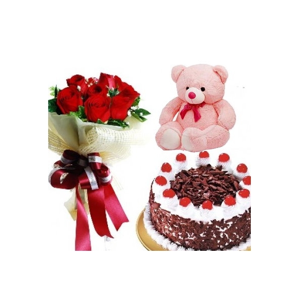 6 Red Roses,Pink Bear with Black Forest Cake