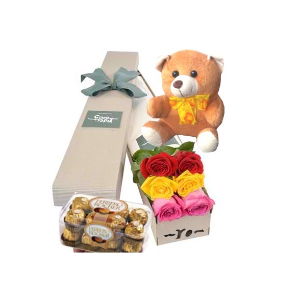 6 pcs roses in box with teddy bear and chocolate to manila in the philippines