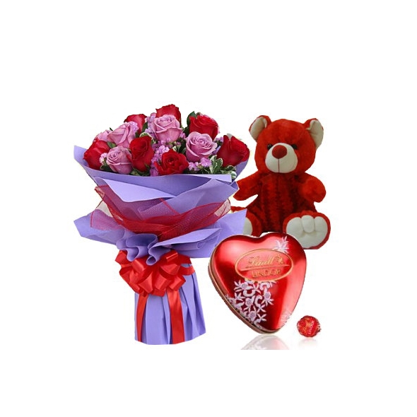 12 red and pink roses with bear and chocolate to philippines