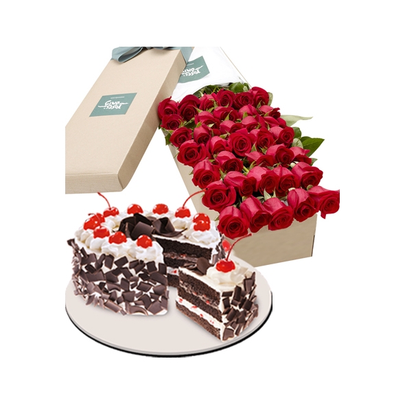 36 Red Roses Box with Heart Shaped Black Forest Cake Delivery to Manila Philippines