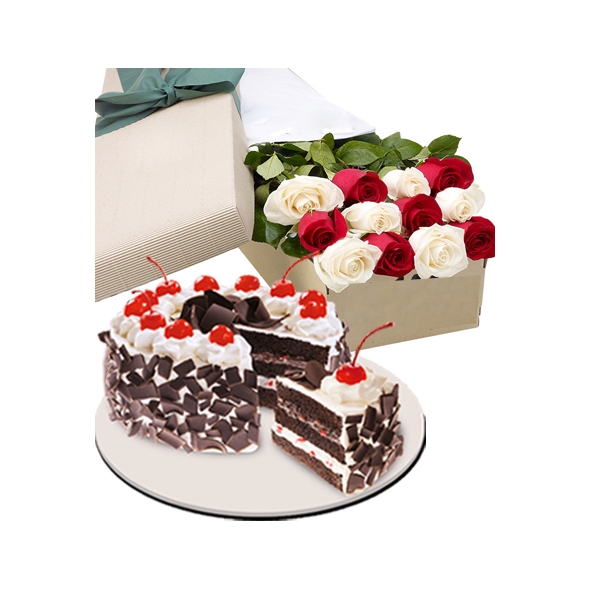 12 White & Red Roses Box with Heart Shaped Black Forest Cake Delivery to Manila Philippines