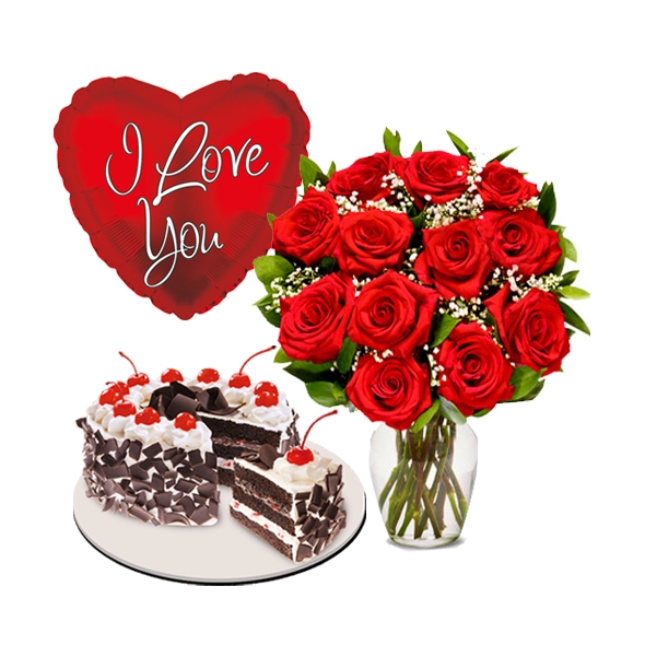 12 Red Roses Vase,Love U Balloons with Heart Shaped Black Forest Cake Delivery to Manila Philippines