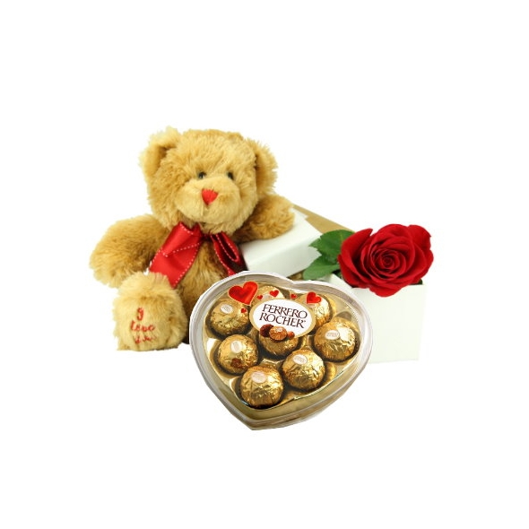 red roses with seasonal flower with bear and chocolate to philippines