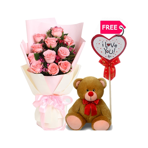 Send 12 pink roses with bear and FREE place card