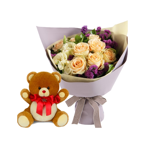 24 Peach Roses in Bouquet with Bear