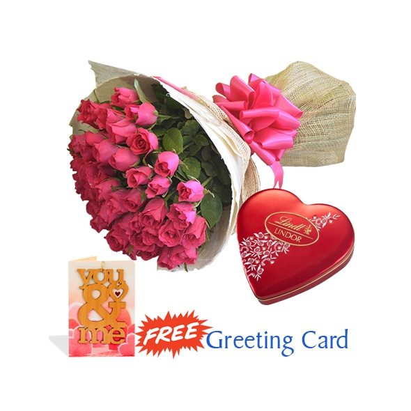 send 24 pink roses with lindt heart shape chocolate to philippines
