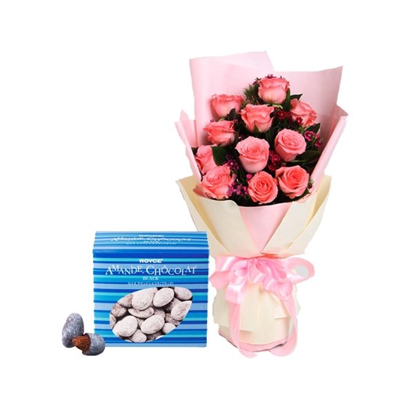 12 pink roses bouquet with amande royce chocolate to manila