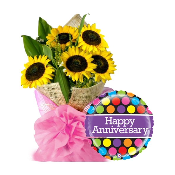 5pcs Sunflowers in bouquet with Birthday Balloon To Philippines
