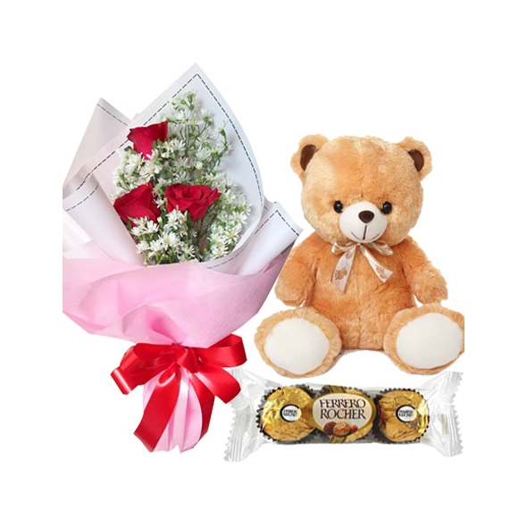 3 Roses with Teddy Bear and Fererro