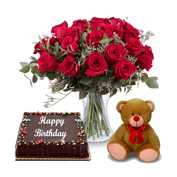 24 Red Roses with Delicious Cake and Teddy Bear