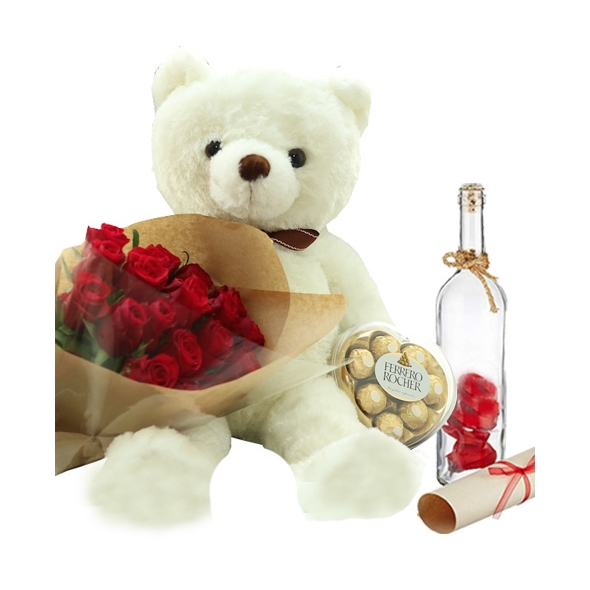 12 Red Roses with Teddy & Message in Bottle To Manila