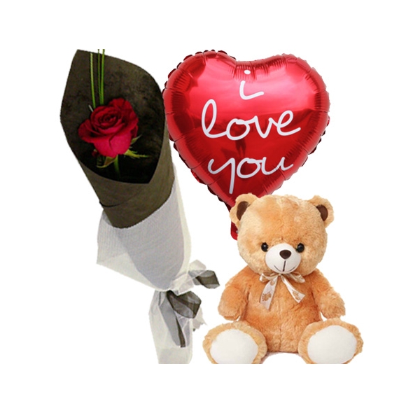 Single Rose with Teddy and Mylar Balloon