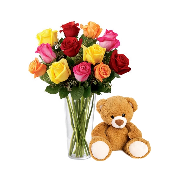 12 Multi color roses in vase with small teddy bear to manila