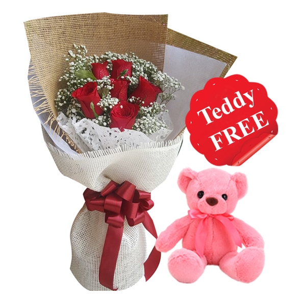 6 Pink Roses with Teddy Bear