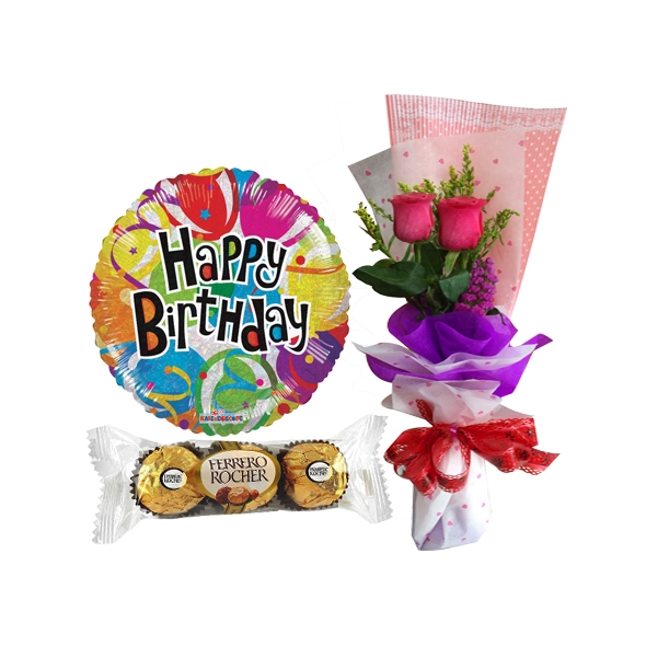 2 Roses with 3 pcs Ferrero and Mylar Balloon