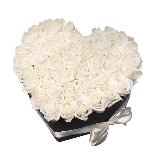 50 pcs of beautiful White Roses in a Heart Shaped Box