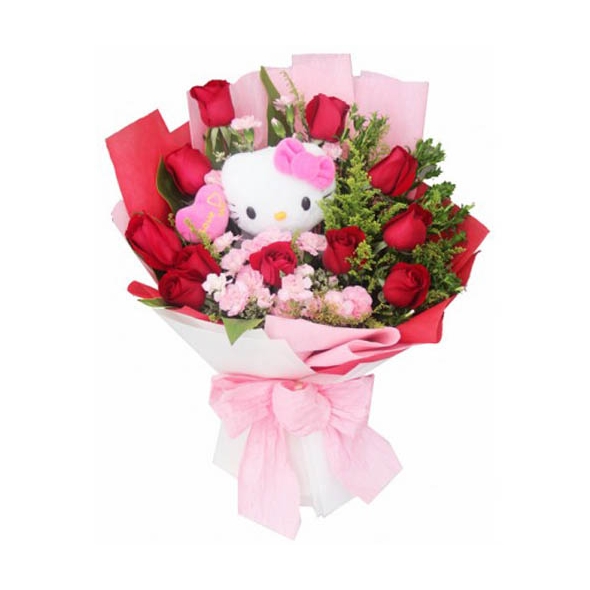 12 Red Roses with Hello Kitty in Bouquet