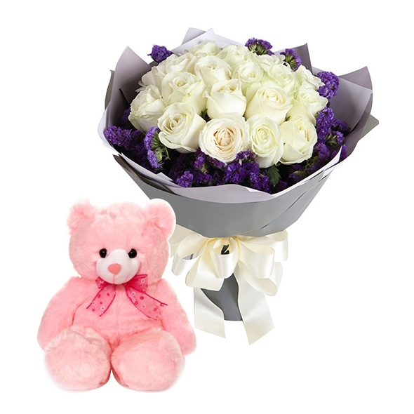 24 White Roses in Bouquet with Bear Send to Manila Philippines