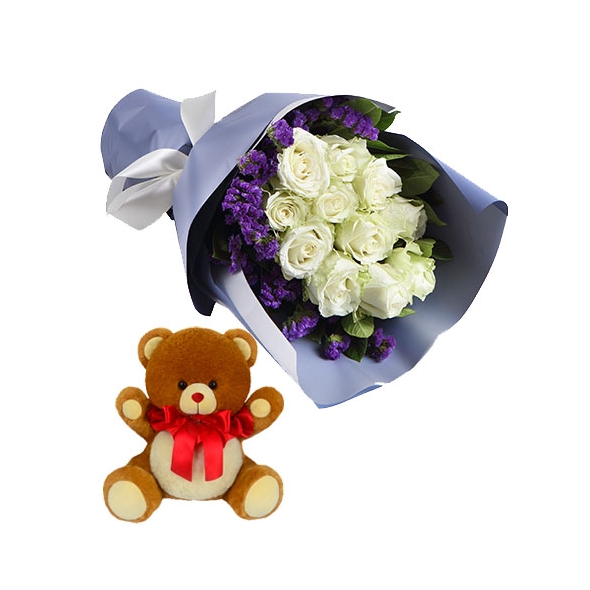 12 White Roses in Box with Bear Delivery to Manila Philippines