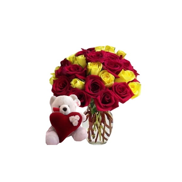 12 red & 6 yellow Roses vase & mini Bear with pillow philippines