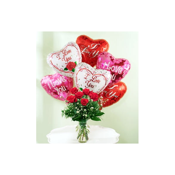 6 Red rose vase with 6 I love u balloon In Philippines