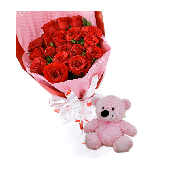 Red Roses with small Bear to Manila Philippines