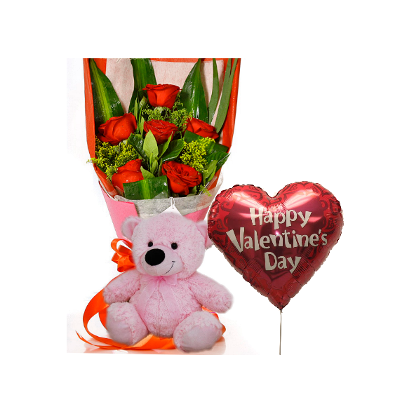 Red Roses,Pink Bear with Valentine Balloon  to Manila Philippines