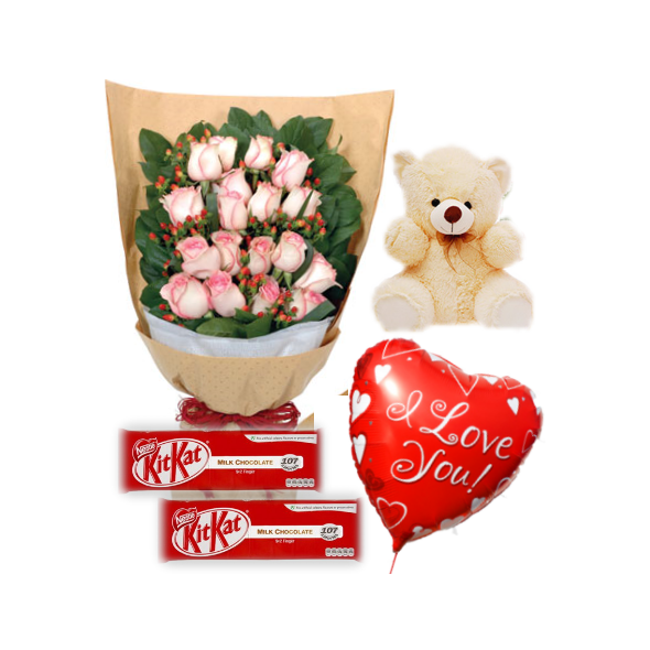 18 Pink Roses Bouquet,Bear,KitKat Chocolate with Balloon Delivery to Manila Philippines