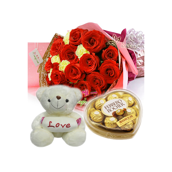 12 Red Roses & yellow carnation Bouquet,Pink Bear with Ferrero box Delivery to Manila Philippines