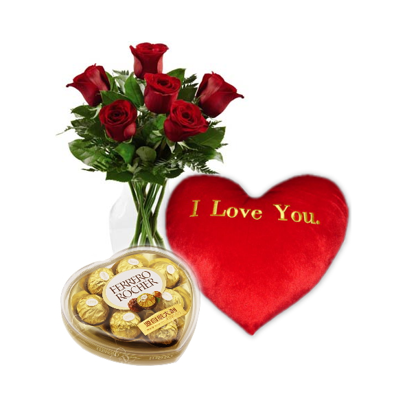 6 Red Roses,I love U Pillow with Ferrero Chocolate Box Delivery to Manila Philippines