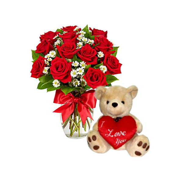 12 Red Roses Vase with Love U Bear Delivery to Manila Philippines