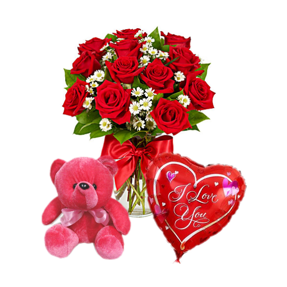 12 Red Roses Vase,Red Bear with Love U Balloon Delivery to Manila Philippines