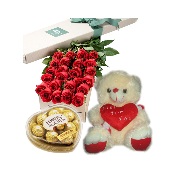 24 Red Roses Box,Ferrero Chocolate Box with White Love U Bear Delivery to Manila Philippines