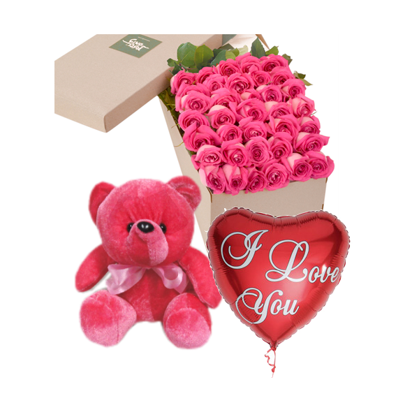 36 Pink Roses Box,Red Bear with I Love u Balloon Delivery to Manila Philippines