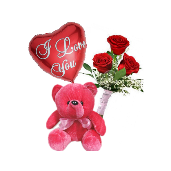 3 Red Roses Bouqet,Red Bear With I Love U Balloon Delivery to Manila Philippines