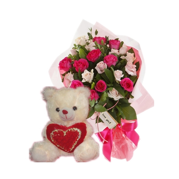 24 Multi Color Roses in Bouquet with Bear Send to Manila Philippines
