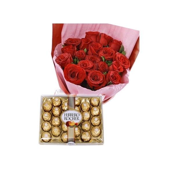 12 Red Roses bouquet with 24 pcs Ferrero chocolate to Manila Philippines