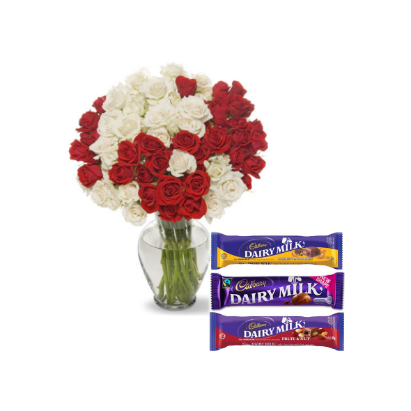 36 Red & White Roses vase with Cadbury Chocolate to Manila Philippines