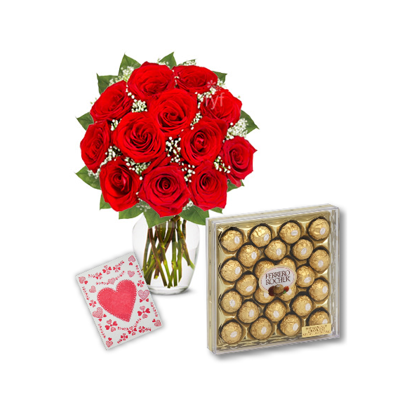 12 Red Roses Vase with 24pcs Ferrero Chocolate Send to Manila Philippines