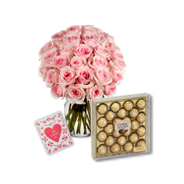 36 Pink Roses Vase with 24pcs Ferrero Chocolate Box Send to Manila Philippines