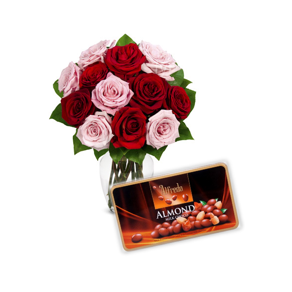12 Mixed Roses Vase with Alfredo Almond Chocolate Box Send to Manila Philippines